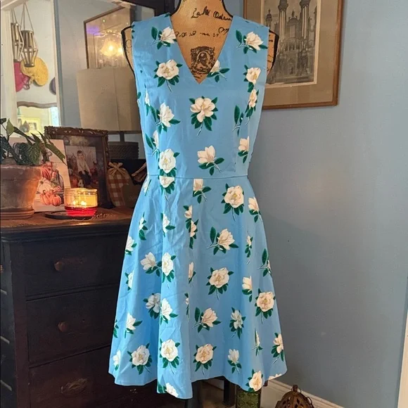 Draper James Blue and White Floral Magnolia Love Circle Fit and Flare Dress - Picture 2 of 15